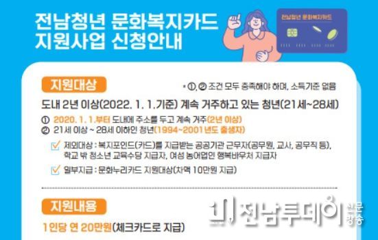 청년문화복지 카드 지급 신청 : 전남 청년문화복지카드 신청이 4월 30일 종료된다.