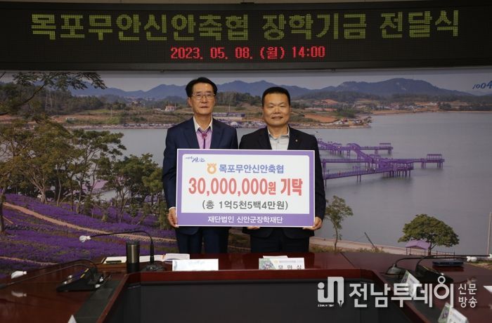 신안군장학재단 박우량 이사장(좌)과 목포무안신안축협 문만식(우)조합장 장학금 기탁식 기념촬영을 하고 있다.