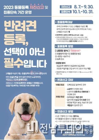 목포시가 미등록반려견 자진신고 기간을 9월 30일까지 운영한다.