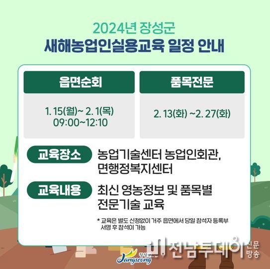 장성군, 새해 농업인 실용교육 15일부터 시작