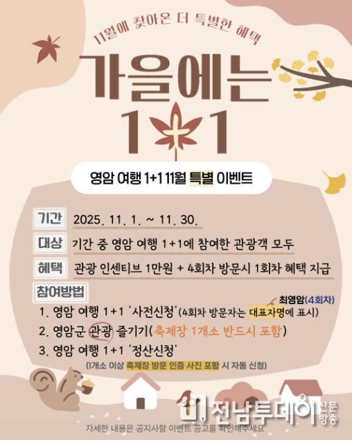 영암군, 11월 영암여행 1+1 특별이벤트 진행