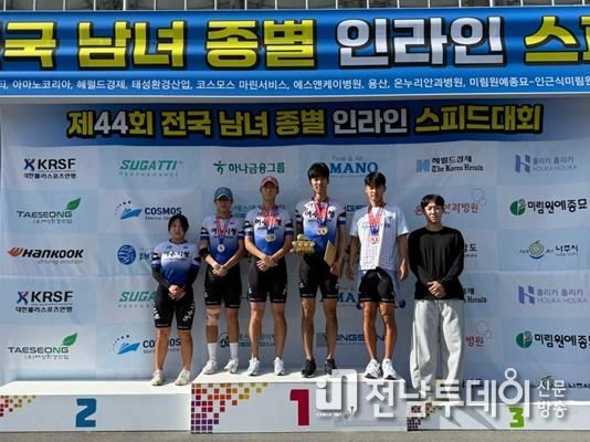 제44회 전국 남녀 종별 인라인 스피드대회에서 우수한 성적을 거둔 여수시청 롤러팀 선수단(왼쪽부터 김민서·김민찬·이성건·송제언·박도봉·박형상 선수)