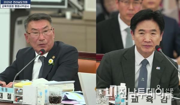 김재철 전남도의원(더불어민주당ㆍ보성1)이 11월 14일, 전남도교육청에서 열린 행정사무감사에 김대중 교육감에게 질의하고 있다.