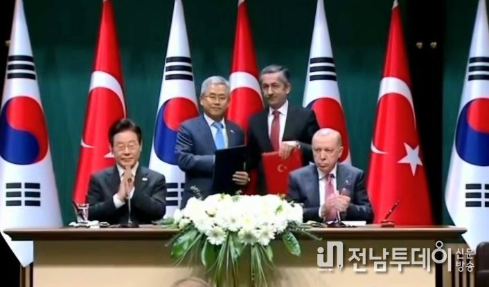 튀르키예 대통령궁에서 양국 정상 임석하에 MOU 체결(왼쪽부터 대한민국 대통령 이재명, 한국전력 사장 김동철, 튀르키예 원자력공사 사장 네자티 야마치, 튀르키예 대통령 에르도안)