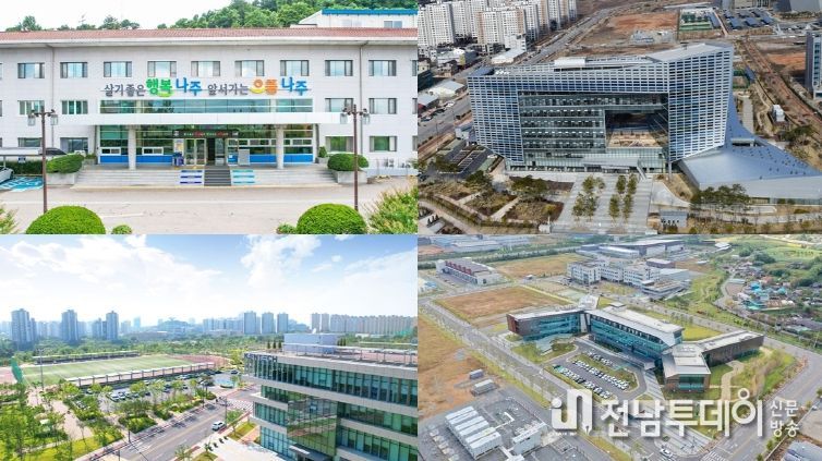 왼쪽 첫 번째 사진부터 시계방향으로 나주시청, 전력거래소, 전력연구원 산하 에너지신기술연구원, 한국에너지공과대학교