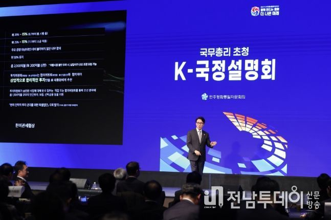 김민석 국무총리가 15일 광진구 비스타 워커힐 서울에서 열린 민주평통 초청 K-국정설명회에서 특별 강연을 하고 있다.