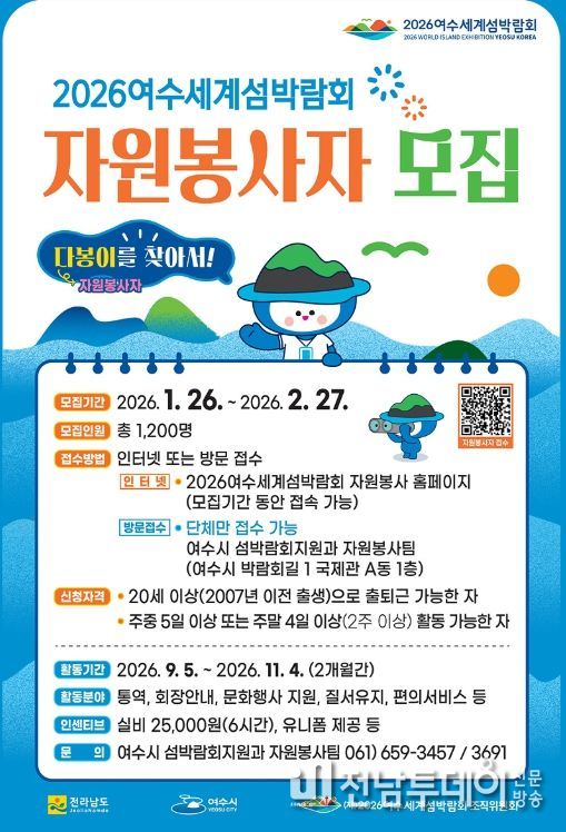 여수시는 2026여수세계섬박람회를 함께할 자원봉사자 “다봉이” 1,200여 명을 오는 1월 26일부터 2월 27일까지 한 달간 모집 예정이라고 밝혔다.