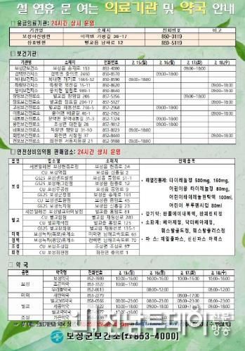 보성군, 2026년 설 연휴 종합대책 추진_설 연휴 문 여는 의료기관 및 약국 안내 포스터