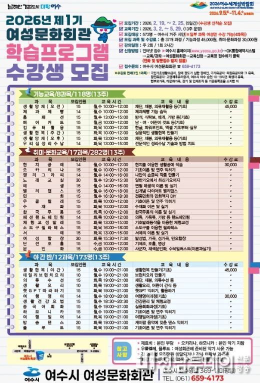 2026년 제1기 여성문화회관 학습프로그램 수강생 모집 포스터