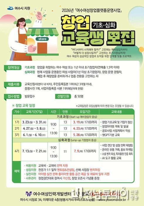 2026년 여수여성창업플랫폼운영 창업 교육생 모집 포스터